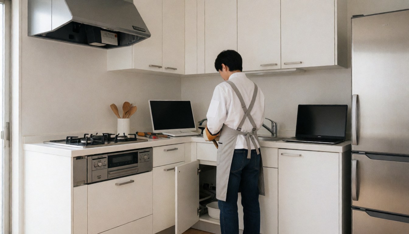Technicien en réparation de tuyauterie travaillant sous un évier dans une cuisine moderne avec armoires blanches et appareils en acier inoxydable.