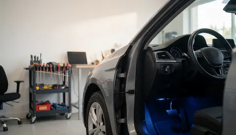 Vue de l'intérieur d'un véhicule éclairé par des lumières bleues dans un garage, avec un chariot à outils et une chaise de bureau en arrière-plan.