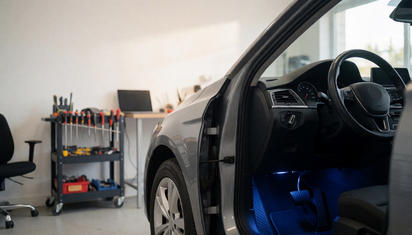 Vue de l'intérieur d'un véhicule éclairé par des lumières bleues dans un garage, avec un chariot à outils et une chaise de bureau en arrière-plan.