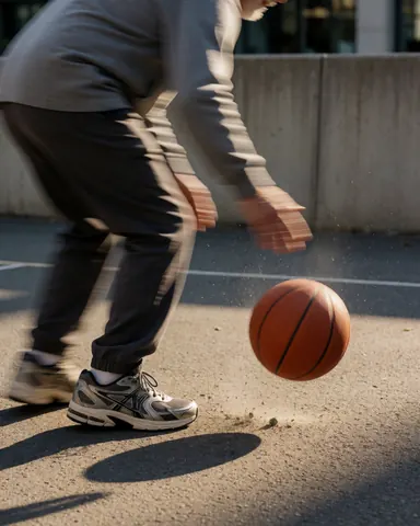Un homme dribble un ballon de basket sur un terrain en asphalte en extérieur, avec un mouvement dynamique et des détails réalistes, idéal pour un entraîneur de basket.