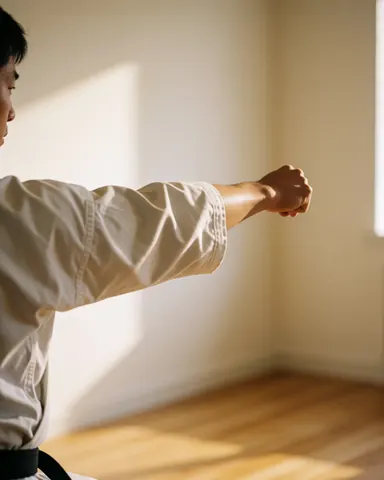 Un adulte portant un gi blanc et une ceinture noire pratique le karate dans un dojo avec des murs crème et un sol en bois clair.