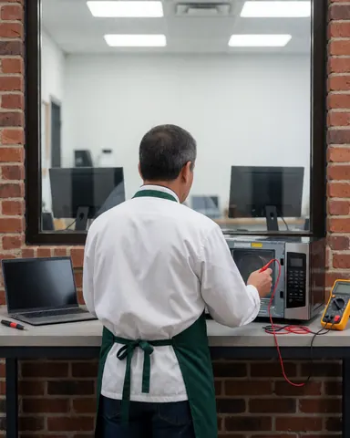Technicien utilisant un multimètre pour réparer un micro-ondes dans un atelier avec murs en briques et outils visibles.