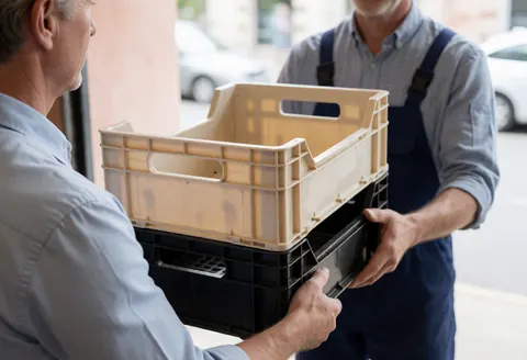 Un employé de logistique reçoit des cartons vides d'un vendeur dans la zone de chargement, illustrant le service de livraison du dernier kilomètre.