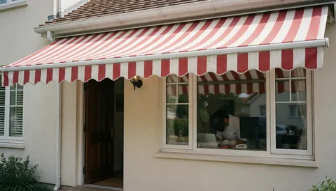 Store rouge et blanc fixé sur une façade résidentielle avec une personne travaillant à l'intérieur visible par la fenêtre, scène lumineuse et épurée.
