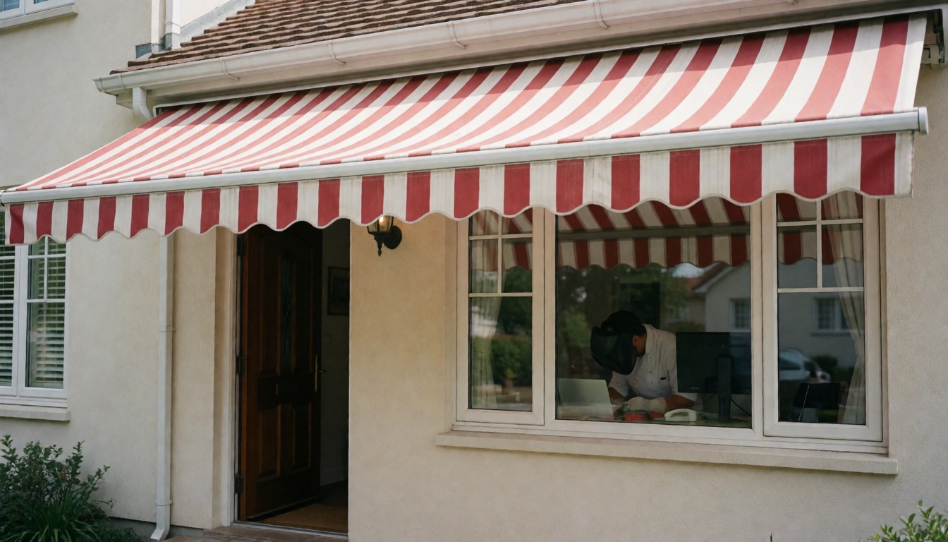 Store rouge et blanc fixé sur une façade résidentielle avec une personne travaillant à l'intérieur visible par la fenêtre, scène lumineuse et épurée.