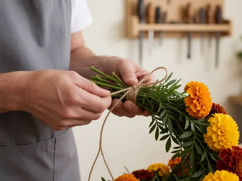Des mains nouant un bouquet de fleurs de souci avec une corde naturelle dans un atelier de fleuriste, sur fond blanc.