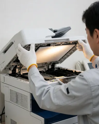 Un technicien portant des gants soulève le capot d'un photocopieur blanc. La lumière interne est visible. Le fond est composé de murs blancs, évoquant une scène de réparation professionnelle.