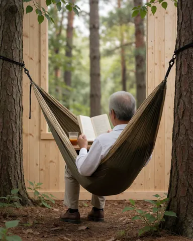 Un homme lit un livre dans un hamac entre deux arbres, avec une boisson à côté, dans un cadre boisé idéal pour le camping ou la détente en plein air.