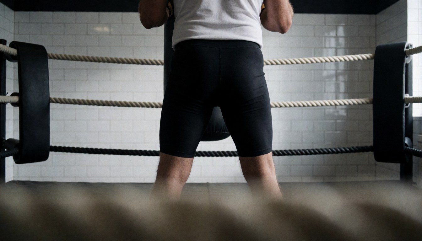 Vue de dos d'une personne dans un ring de boxe avec des murs carrelés blancs, idéale pour un site web d'académie de sport.