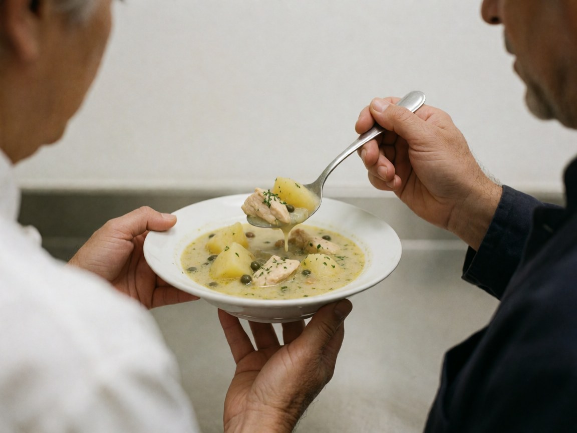 Une personne sert de l'ajiaco au poulet et aux pommes de terre dans une casserole blanche, garnie de capers et de guascas, dans une cuisine moderne et propre.
