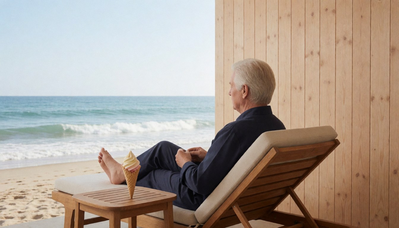 Un homme âgé profite d'une glace qui fond sur une chaise de plage en bois clair, avec l'océan et les vagues en arrière-plan, évoquant la détente et les vacances.