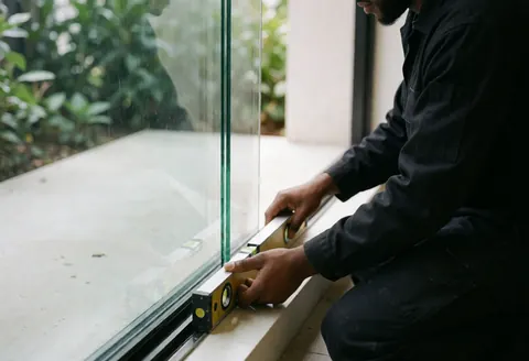 Installateur de vitres ajustant un grand panneau de verre avec un niveau dans un environnement extérieur verdoyant, illustrant la précision du travail.