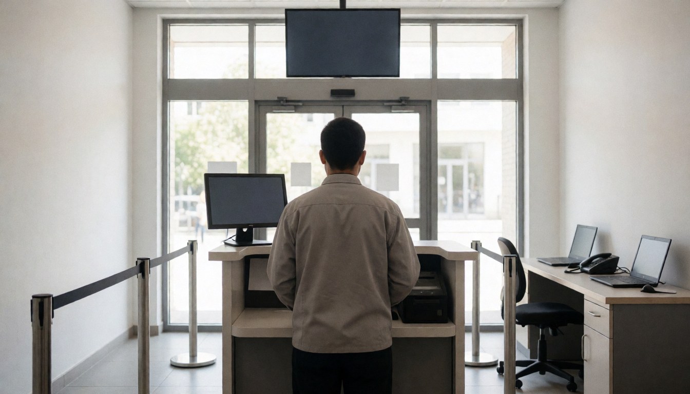 Agent de billetterie dos tourné devant un écran digital et des barrières, illustrant une opération professionnelle à l'entrée.