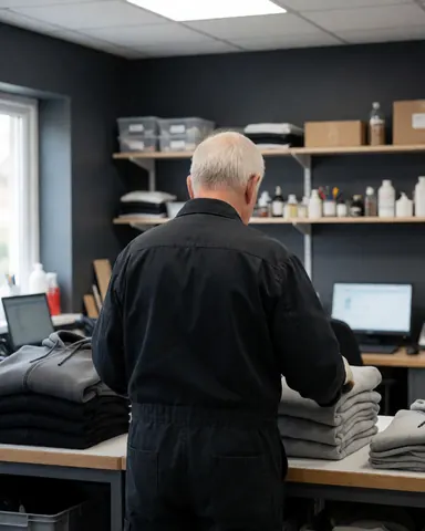 Un ouvrier vérifie des hoodies empilés dans un atelier d'impression textile, avec des étagères et des ordinateurs en arrière-plan.