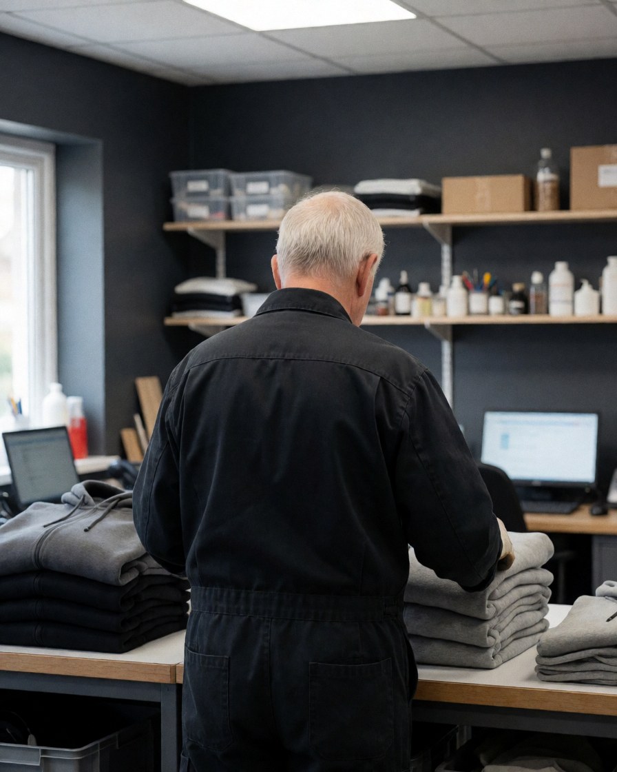 Un ouvrier vérifie des hoodies empilés dans un atelier d'impression textile, avec des étagères et des ordinateurs en arrière-plan.