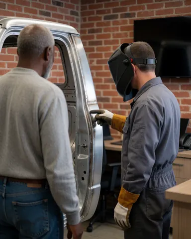 Un client observe un panneau d'aluminium soudé dans un atelier avec un mur de briques, tandis qu'un travailleur en casque de soudage le désigne.