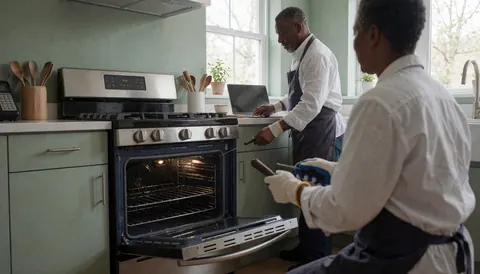 Technicien avec des gants réparant un four moderne dans une cuisine aux murs verts et à la lumière naturelle, porte ouverte.