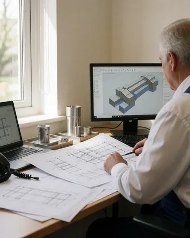 Ingénieur vérifiant des plans sur son bureau avec des échantillons métalliques et une lumière naturelle dans un studio de design industriel.
