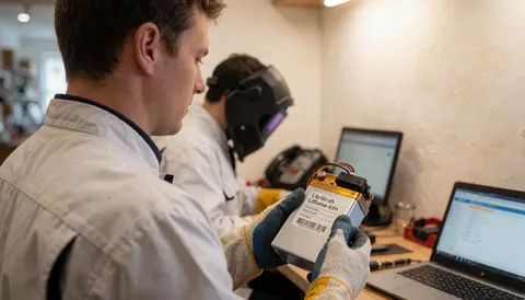 Un technicien en atelier examine une batterie au lithium étiquetée, accompagné d'un ordinateur portable et d'équipements de travail dans un environnement professionnel.