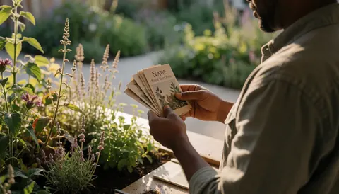 Une personne vérifie des graines de plantes indigènes dans un jardin écologique baigné d'une lumière solaire chaude entourée de végétation verte.