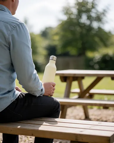 Personne assise sur un banc en bois dans un zoo, tenant une gourde réutilisable, avec des tables de pique-nique et des arbres en arrière-plan.