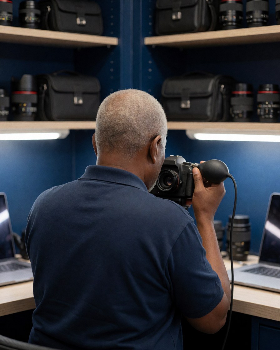 Un photographe de mariage examine le capteur de son appareil reflex numérique dans un studio équipé d'étagères et de murs bleus.