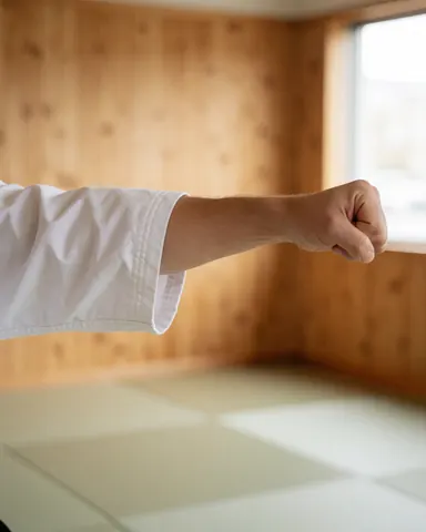 Main en poing d'un étudiant en karaté portant un gi blanc, posée sur des tatamis dans un dojo aux murs en bois et à la lumière naturelle.