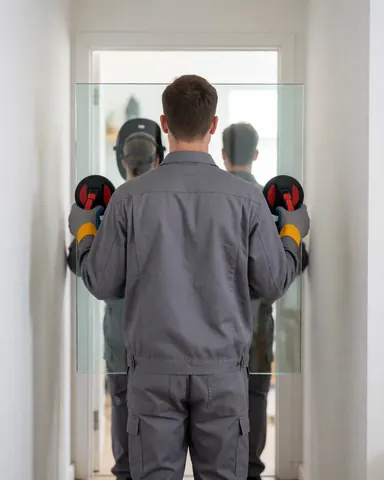 Un ouvrier en uniforme gris transporte un grand panneau de verre à l'aide de ventouses dans un couloir aux murs blancs.