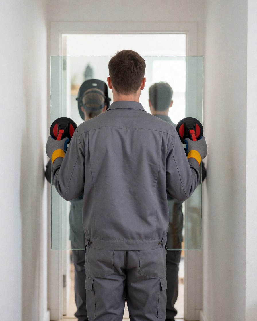 Un ouvrier en uniforme gris transporte un grand panneau de verre à l'aide de ventouses dans un couloir aux murs blancs.