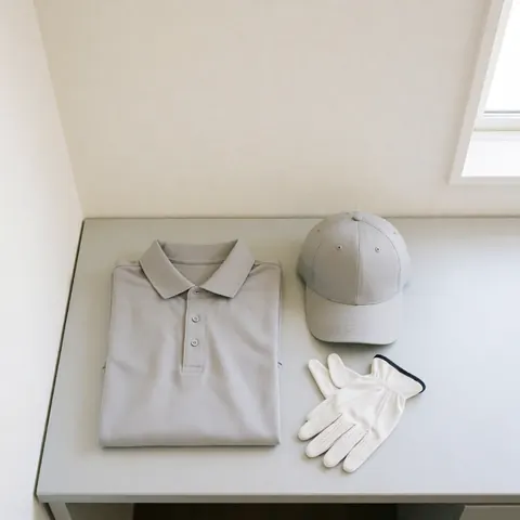 Ensemble d'équipement de golf comprenant un polo, une casquette et des gants posés sur une table grise dans une pièce aux murs blancs