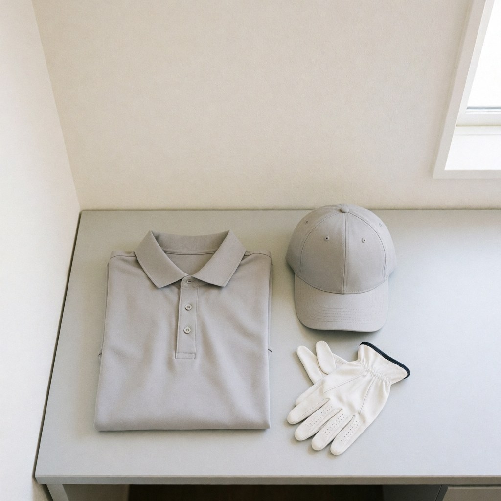 Ensemble d'équipement de golf comprenant un polo, une casquette et des gants posés sur une table grise dans une pièce aux murs blancs
