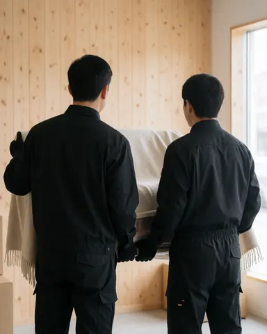 Deux travailleurs en tenue sombre déplacent un meuble emballé dans une pièce aux murs en bois et à la lumière naturelle, illustrant un service de déménagement professionnel en action.