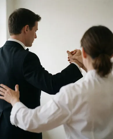 Un étudiant de tango pratique un mouvement avec son instructeur dans une salle blanche, mains entrelacées et vêtements formels, illustrant la discipline du danse.