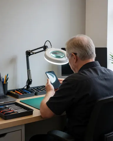 Un technicien en réparation électronique inspecte un smartphone à l'aide d'une loupe, sur un établi propre et organisé.