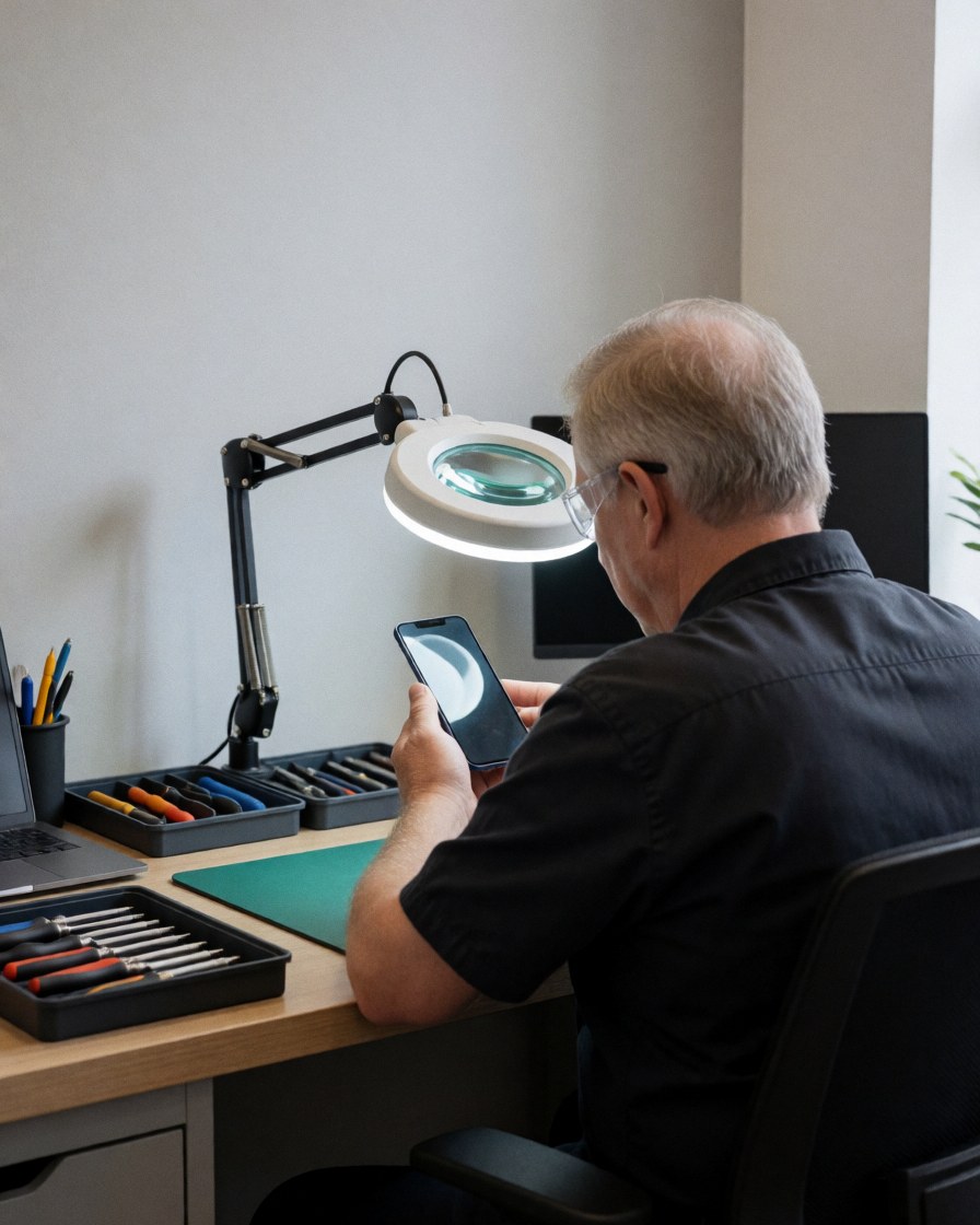 Un technicien en réparation électronique inspecte un smartphone à l'aide d'une loupe, sur un établi propre et organisé.