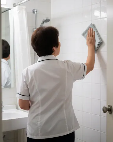Une employée en uniforme nettoie un mur de carreaux blancs dans une salle de bain moderne et lumineuse d'un établissement d'hébergement.