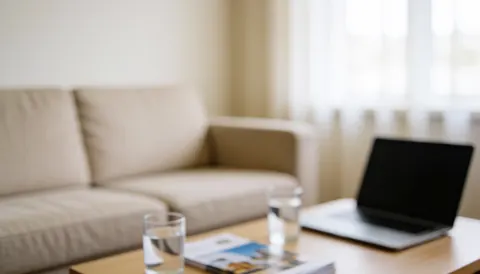 Intérieur moderne d'un espace d'accueil avec un canapé beige, une table en bois, des verres d'eau et un ordinateur portable près d'une fenêtre, offrant un fond professionnel pour des textes superposés.