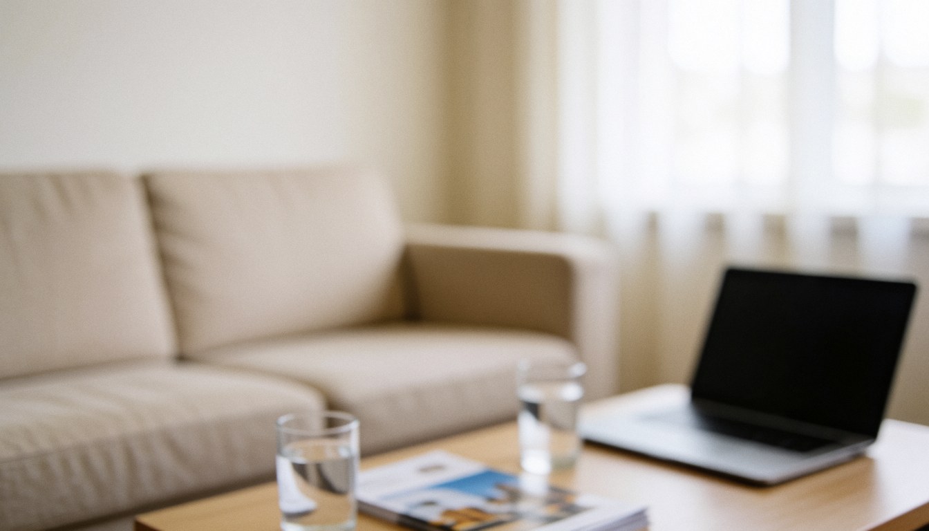 Intérieur moderne d'un espace d'accueil avec un canapé beige, une table en bois, des verres d'eau et un ordinateur portable près d'une fenêtre, offrant un fond professionnel pour des textes superposés.