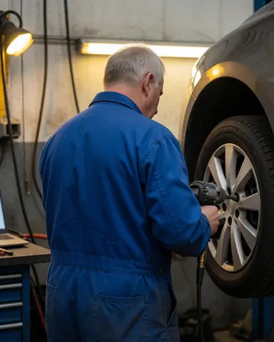 Mécanicien en atelier ajustant une roue avec un outil pneumatique, éclairage jaune et mur en béton