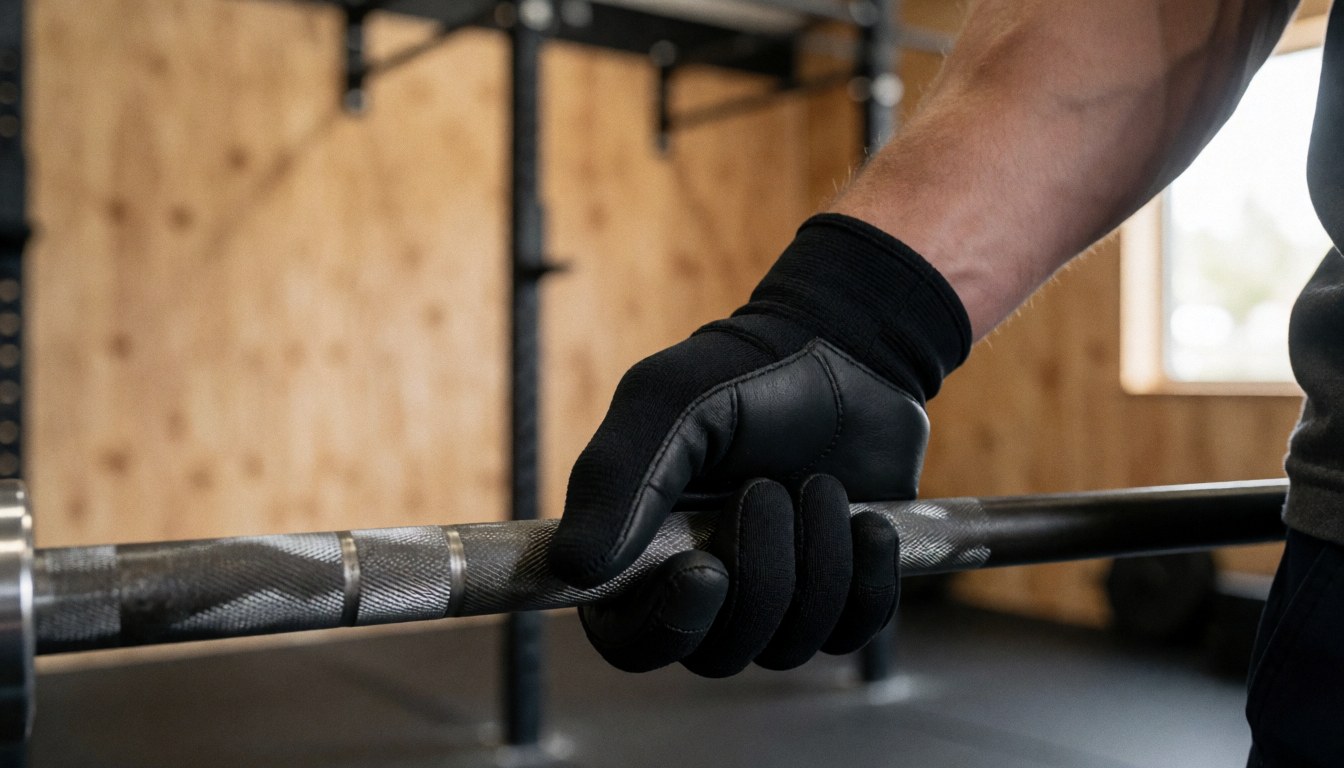 Gros plan d'une main portant un gant noir saisissant fermement une barre de poids dans un gymnastique aux murs en bois.