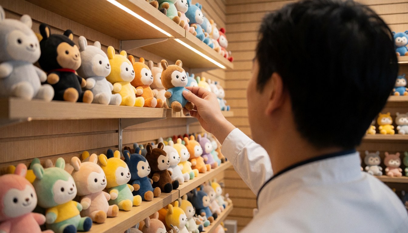 Vue arrière d'une personne sélectionnant un jouet dans un magasin de divertissement avec des étagères remplies de jouets colorés sous un éclairage chaleureux.