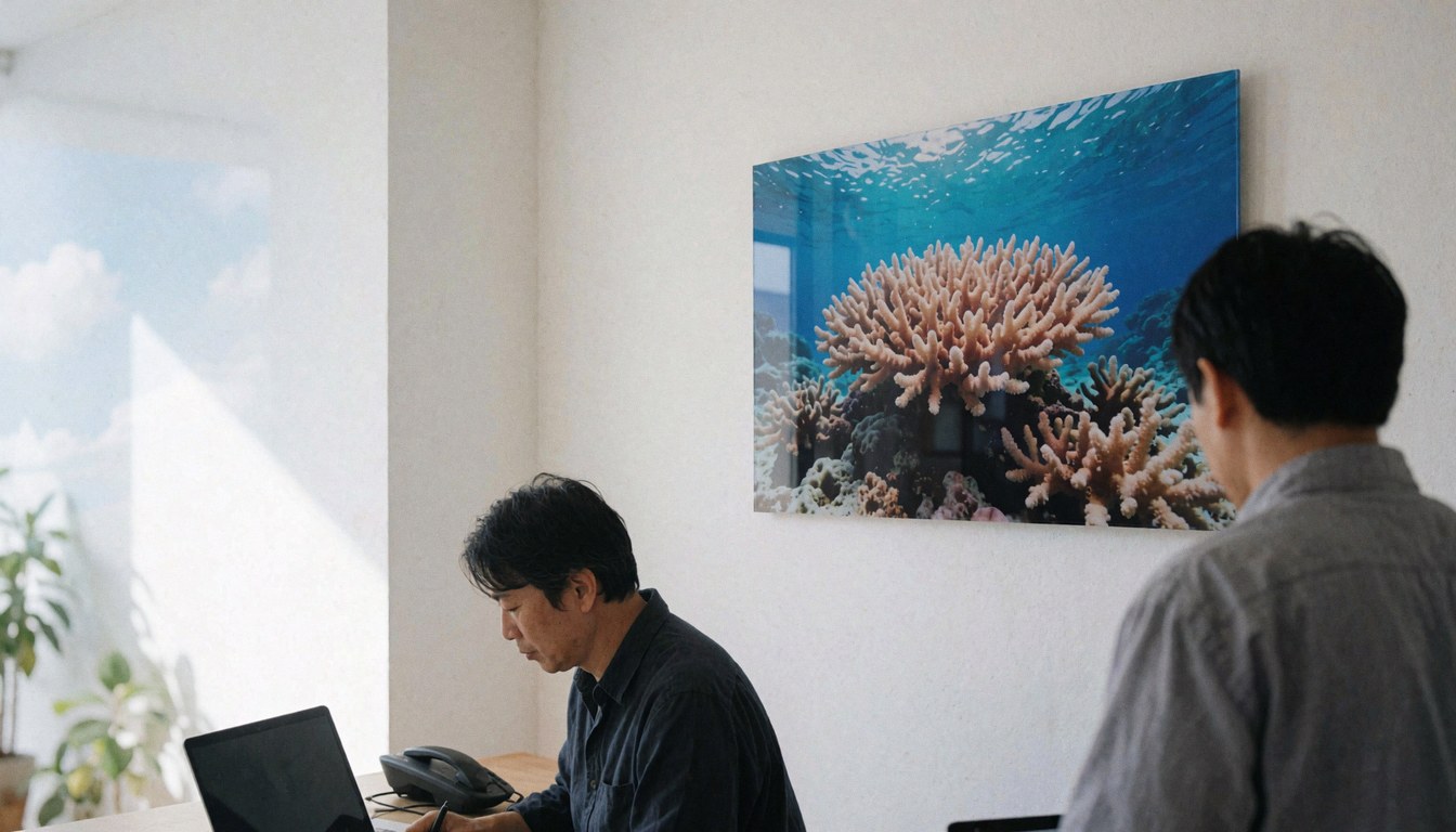 Bureau minimaliste avec une grande impression de récif corallien au mur, une personne travaille sur un ordinateur portable baignée de lumière naturelle provenant d'une fenêtre.