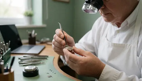 Un horloger expérimenté ajuste une montre avec précision à l'aide d'outils spécialisés dans son atelier.