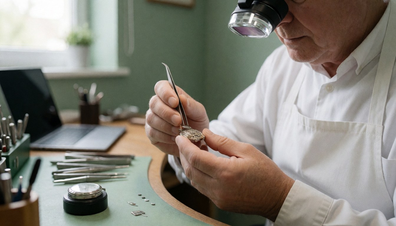 Un horloger expérimenté ajuste une montre avec précision à l'aide d'outils spécialisés dans son atelier.
