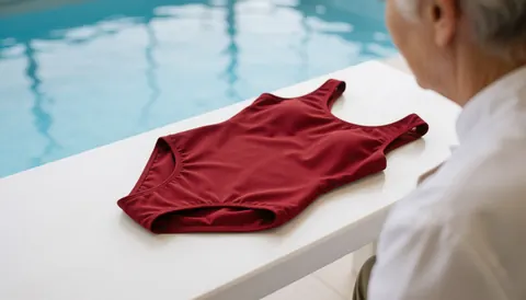 Maillot de bain rouge plié sur un banc blanc à côté d'une piscine bleue avec une personne de dos observant, idéal pour une piscine publique.