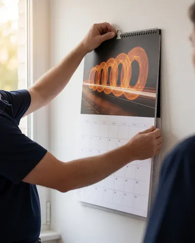 Un photographe cinétique ajuste un calendrier mural avec des lumières sur un mur blanc, éclairage chaud de fenêtre, client partiellement visible, scène réaliste pour entreprise.