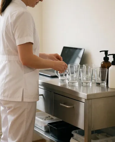 Un thérapeute en uniforme blanc dispose des ventouses en verre sur une table en acier inoxydable dans un salon de soins propre et professionnel.
