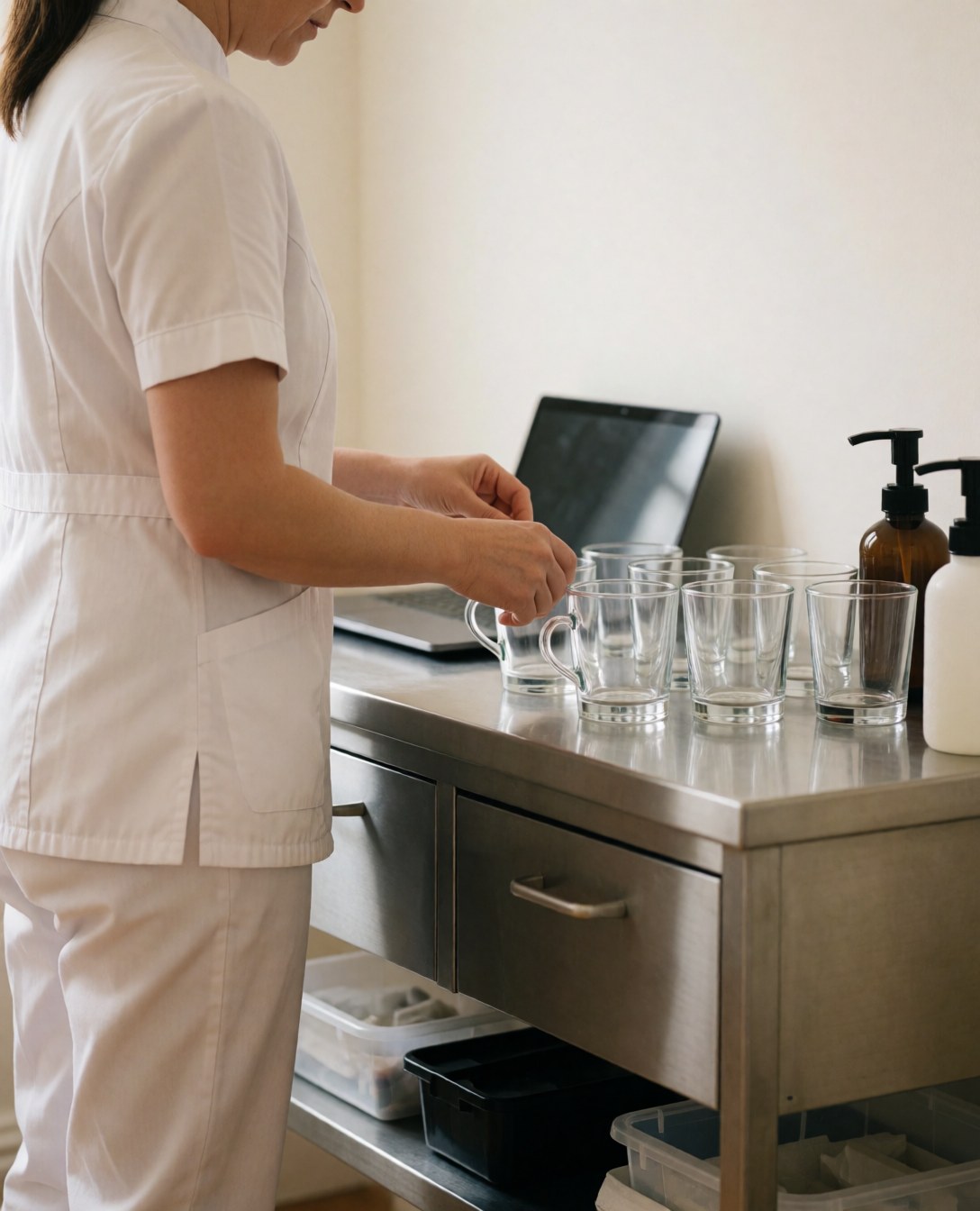 Un thérapeute en uniforme blanc dispose des ventouses en verre sur une table en acier inoxydable dans un salon de soins propre et professionnel.