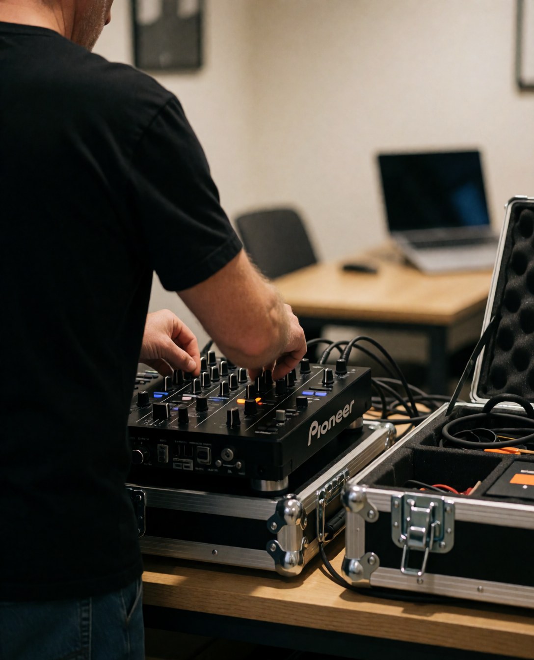 Vue rapprochée des mains d'un professionnel réglant les boutons d'un appareil audio sur une table, entouré de câbles et d'équipements dans un environnement intérieur éclairé.