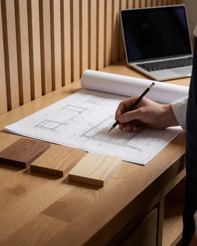 Un échantillon de bois posé sur des plans de meubles dans un atelier de menuiserie, avec une main dessinant des détails sur le papier.